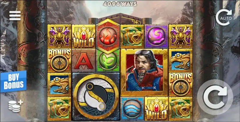 Katmandu Gold base game interface with 4096 ways, Wild symbols and Ice Climber symbol