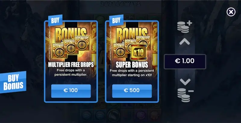 Katmandu Gold Buy Bonus menu with Multiplier Free Drops and Super Bonus options